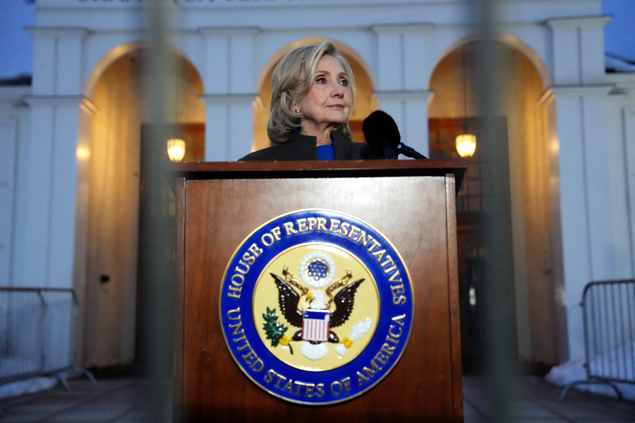 Former US secretary of state Hillary Clinton speaks to the press after testifying in a closed-door deposition with the House Oversight Committee at the Chappaqua Performing Arts Center. Photo: David Dee Delgado / Getty Images via AFP