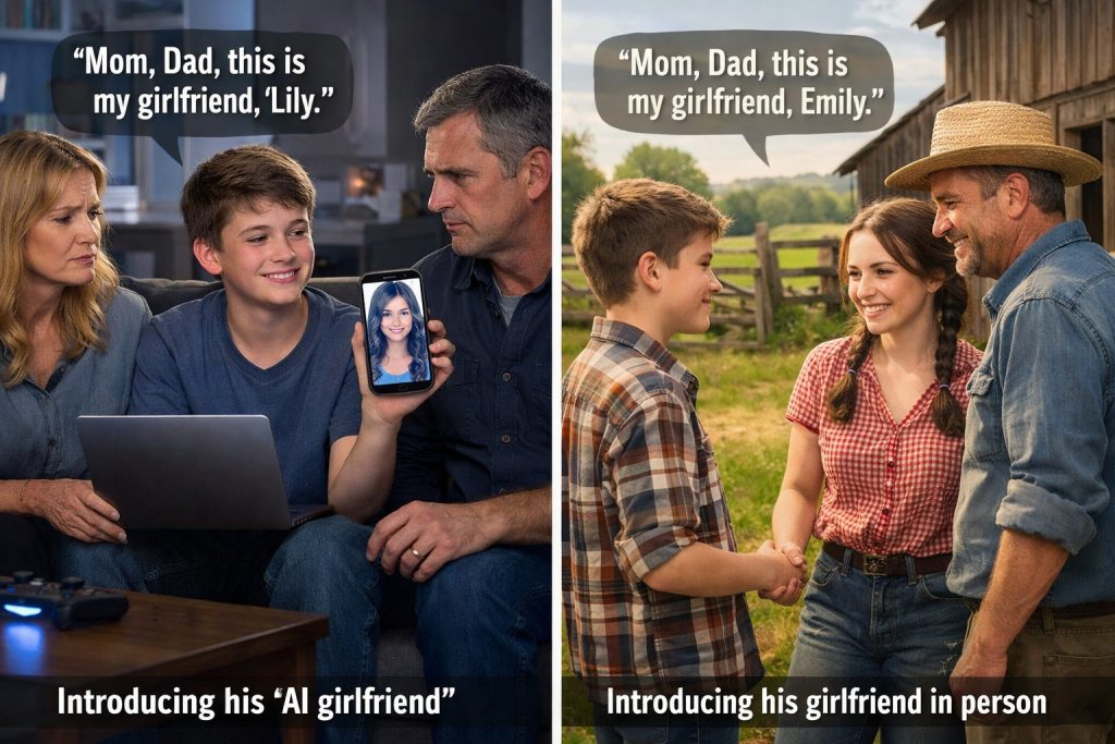 Introducint his AI girlfriend as opposed to introducing his girlfriend in person.