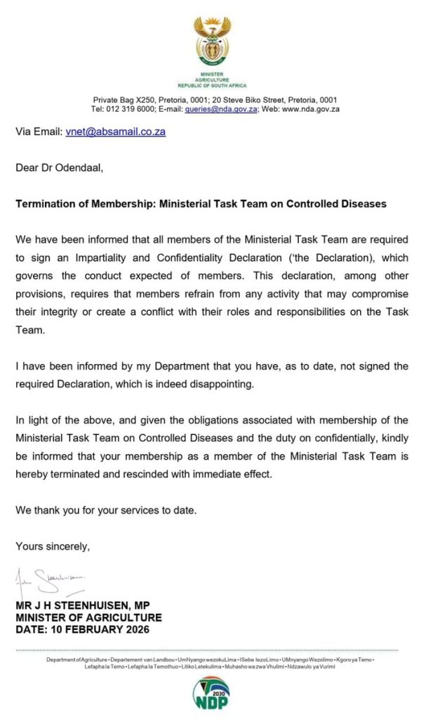 Letter to Dr Odendaal