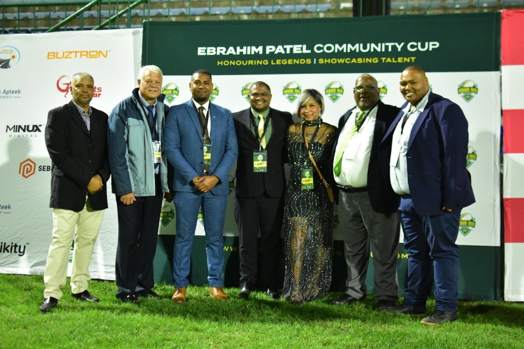 At the announcement of the EPCC 2026 broadcast sponsorship (from left) are Ashraf Patel (eldest son of the late Ebrahim Patel), Reidwaan Salie (Patel's son-in-law), George mayor Browen Johnson, Romano and Amorette Lekay (tournament director and wife), Ben Brinkhuis (SWD Rugby Union president) and Fernando Fredericks (pastor and community leader).