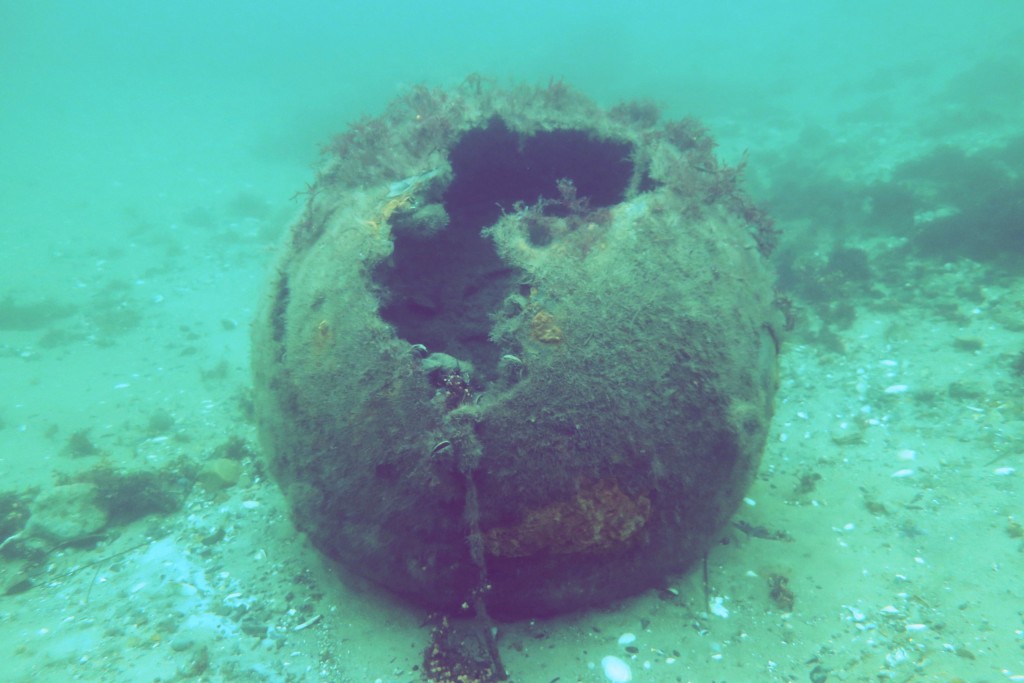 An open sea mine on the seafloor just a few kilometres from the beaches of northern Germany's Kiel Bay.
