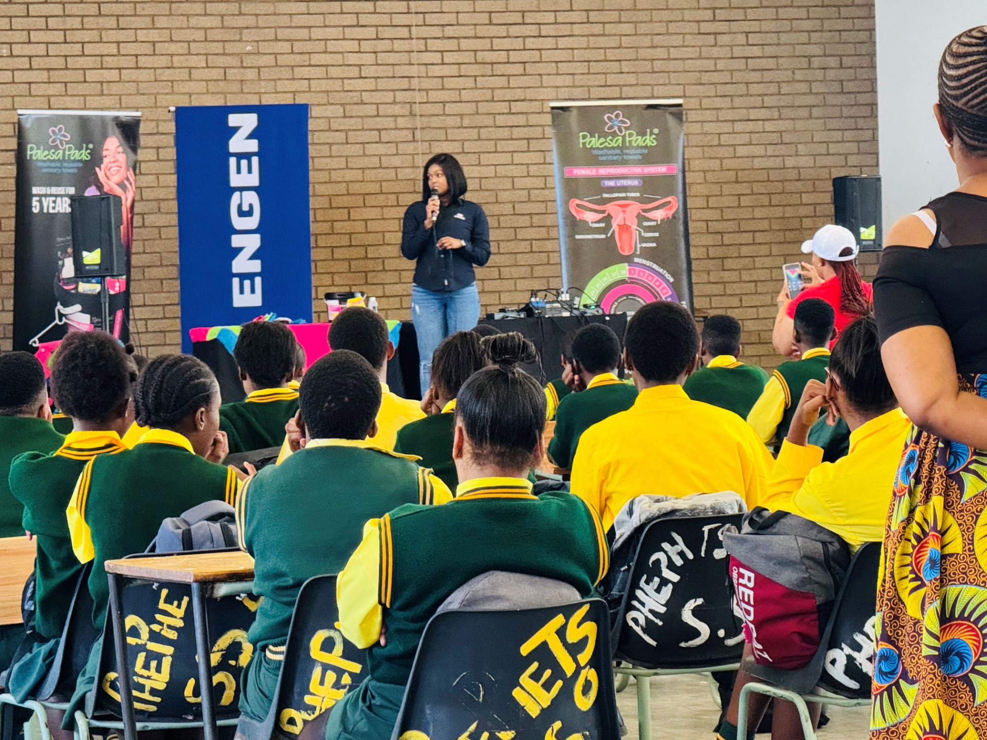 Learners at Phephetso Secondary School and Lovedale Primary School in Kroonstad receive reusable sanitary pad packs during the launch of Engen’s 2026 Menstrual Care Campaign ahead of International Women’s Day, aimed at tackling period poverty and helping keep girls in school. Olwethu Mdabula, corporate social investment manager at Engen, addresses learners during the launch of the company’s 2026 Menstrual Care Campaign in Kroonstad. Photo: Supplied