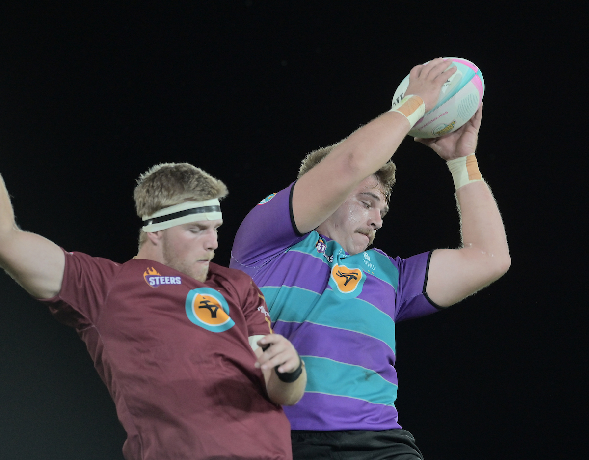 Stephan Krugel of NWU collects in the line out during the 2026 Varsity Cup match between Maties and NWU
