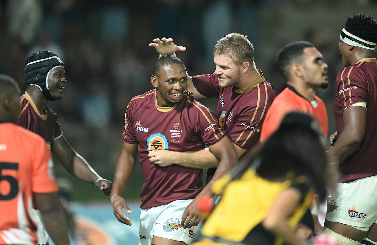 Maties players celebrate during the 2026 Varsity Cup match between Maties and UJ at the Danie Craven Stadium, Cape Town, SOUTH AFRICA