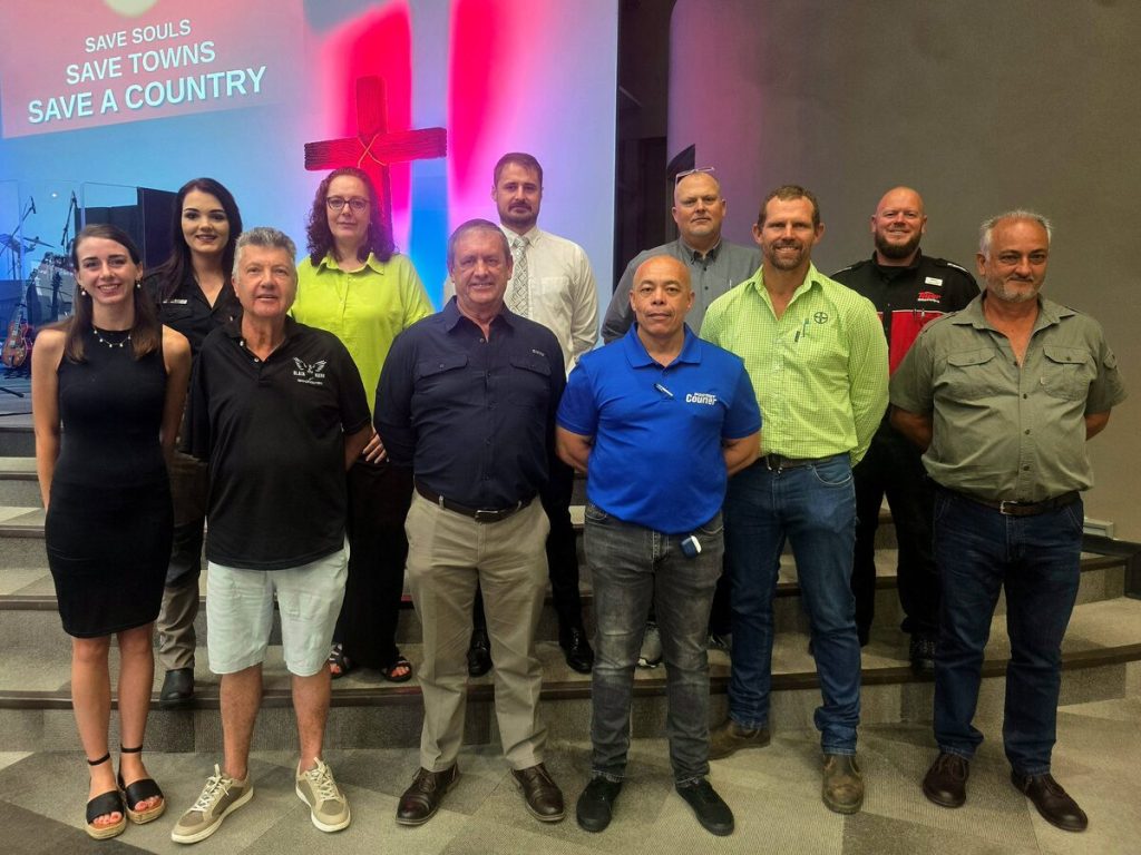 Business and faith leaders at the launch of Kroonstad's first Christian Business Chamber (CBC) are from the left, front: Geandré Botha, Dave Müller (vice-president), Tommie Hugo (president), Pascal le Roux, Jaco van der Walt and Johan Fourie; back: Juanly Hamel, Bianca de Carvahlo, Victor de Beer, Simon Lues and Wesley Robbertze.