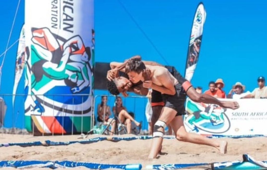 Contestants participating in the South African Beach Wrestling Championships 2025 in Richards Bay, KwaZulu-Natal. 