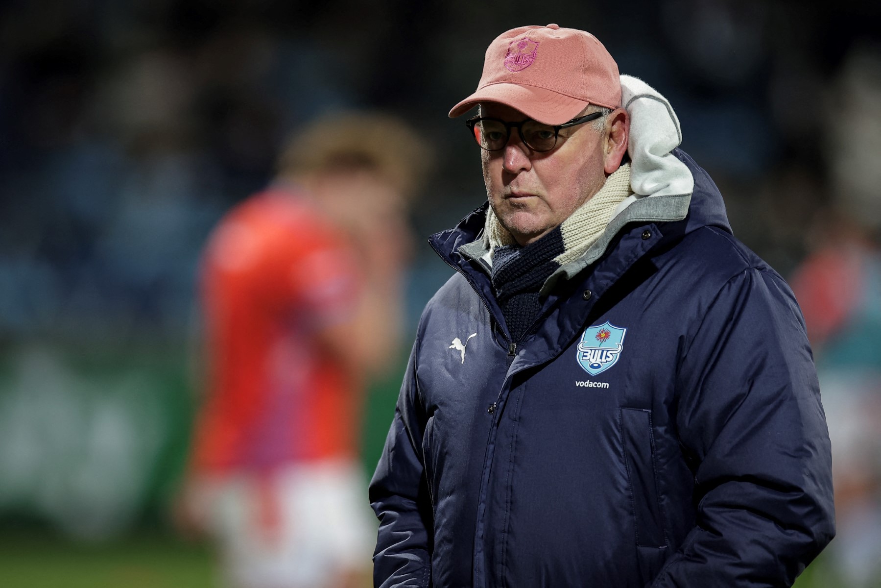 Bulls South African coach Jake White looks on ahead of the European Rugby Champions Cup rugby union match between Castres Olympique and Bulls at the Pierre-Fabre stadium in Castres, south-western France, on January 11, 2025.