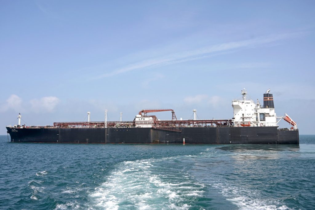 Indian vessel Nanda Devi, carrying liquefied petroleum gas (LPG), arrives at Vadinar Port.