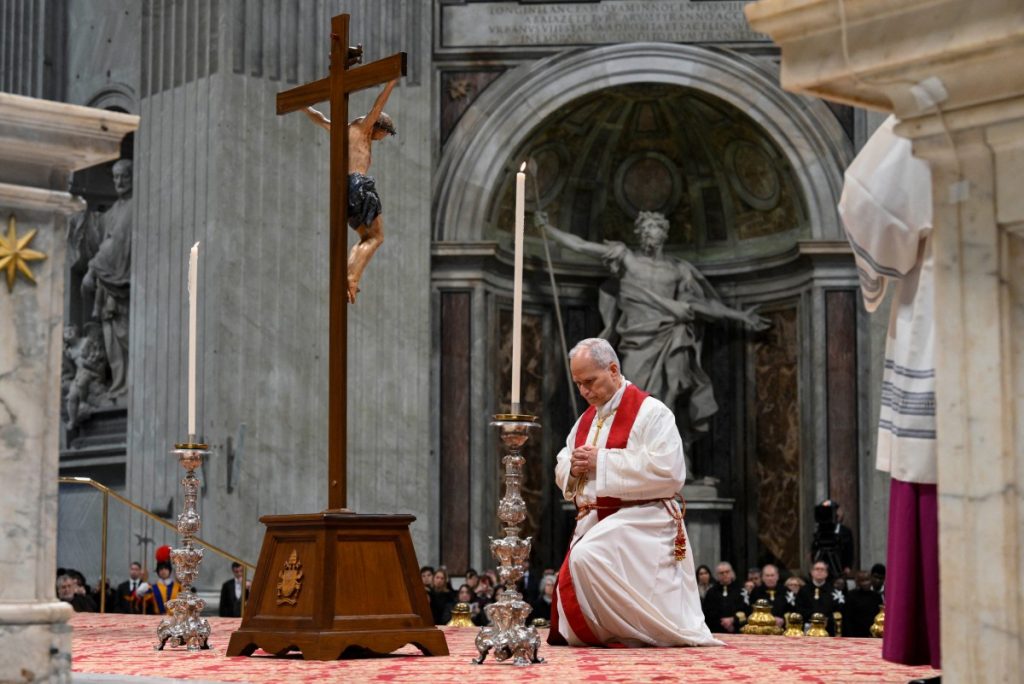 Pope Leo XIV during the celebration of the Passion of the Lord on Good Friday.