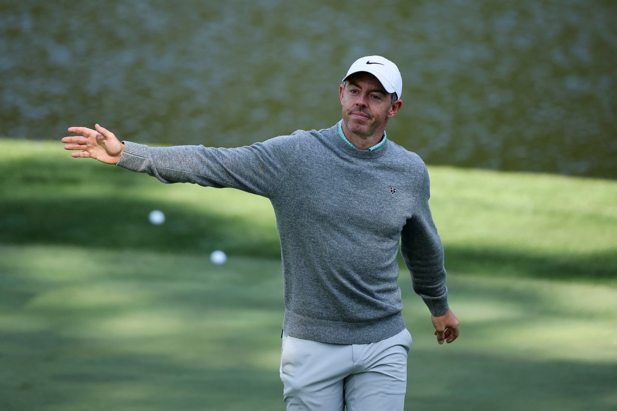 Rory McIlroy of Northern Ireland reacts on the ninth green during the Par Three Contest prior to the 2026 Masters Tournament at Augusta National Golf Club