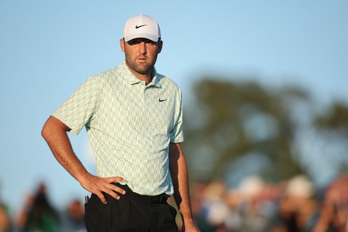 Scottie Scheffler of the United States looks on from the 18th green during the first round of the 2026 Masters Tournament