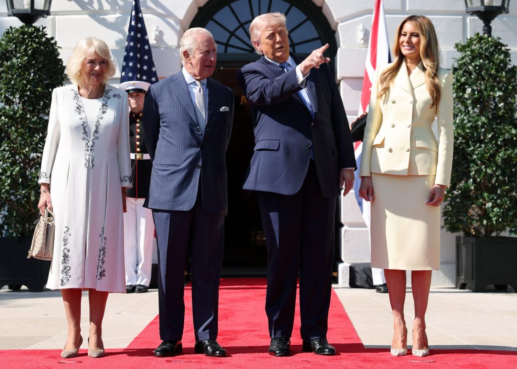 US President Donald Trump and First Lady Melania Trump greet Britain's King Charles III and Britain's Queen Camilla.