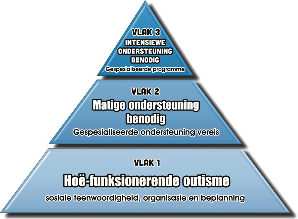 Diagram wat die drie vlakke van die outismespektrum en hul ondersteuningsbehoeftes toon.