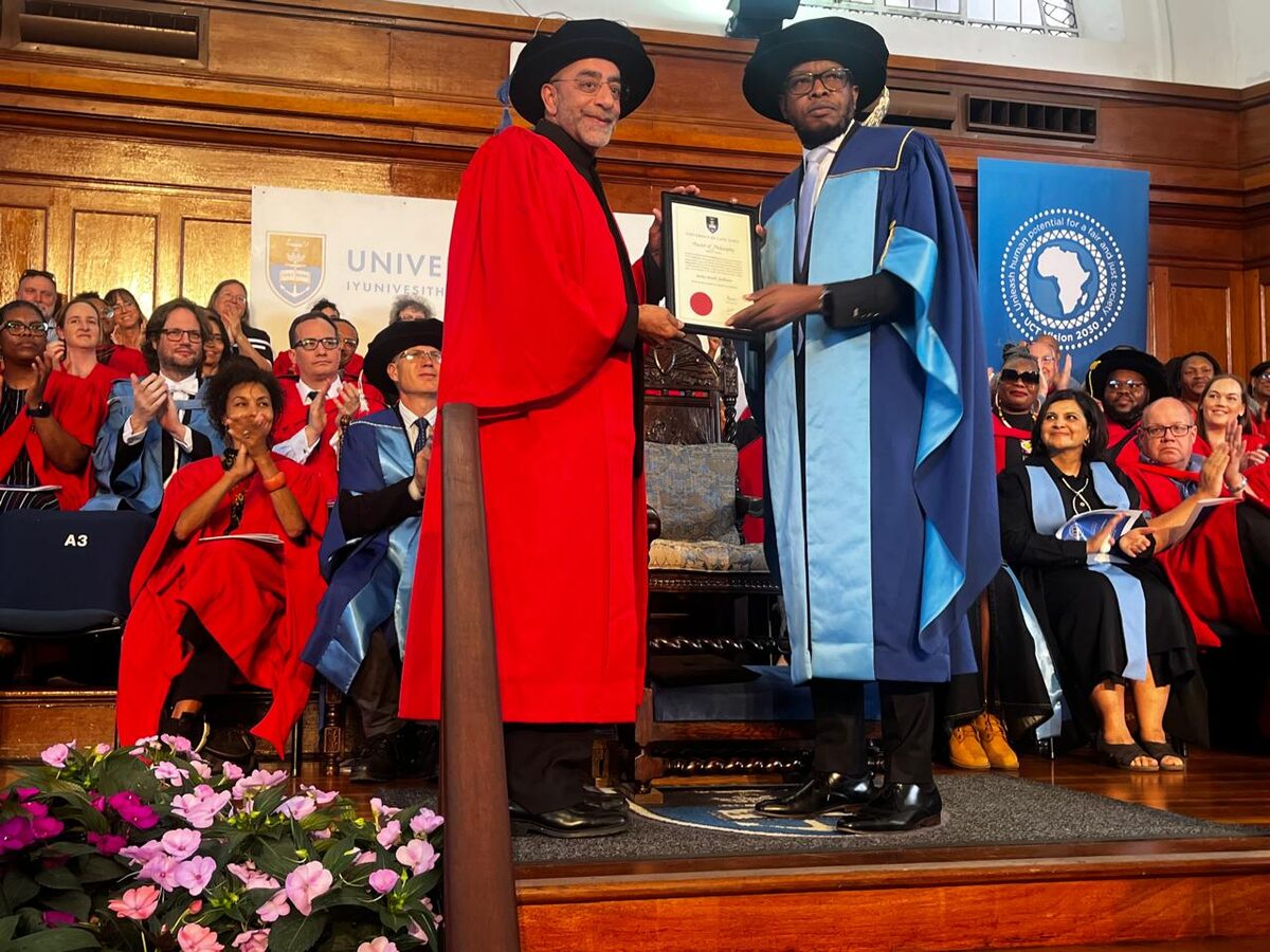 Dr Imtiaz Sooliman with Professor Mosa Moshabela, Vice-Chancellor of the University of Cape Town, at the honorary doctorate ceremony where Sooliman was recognised for his humanitarian work.Photo :Supplied