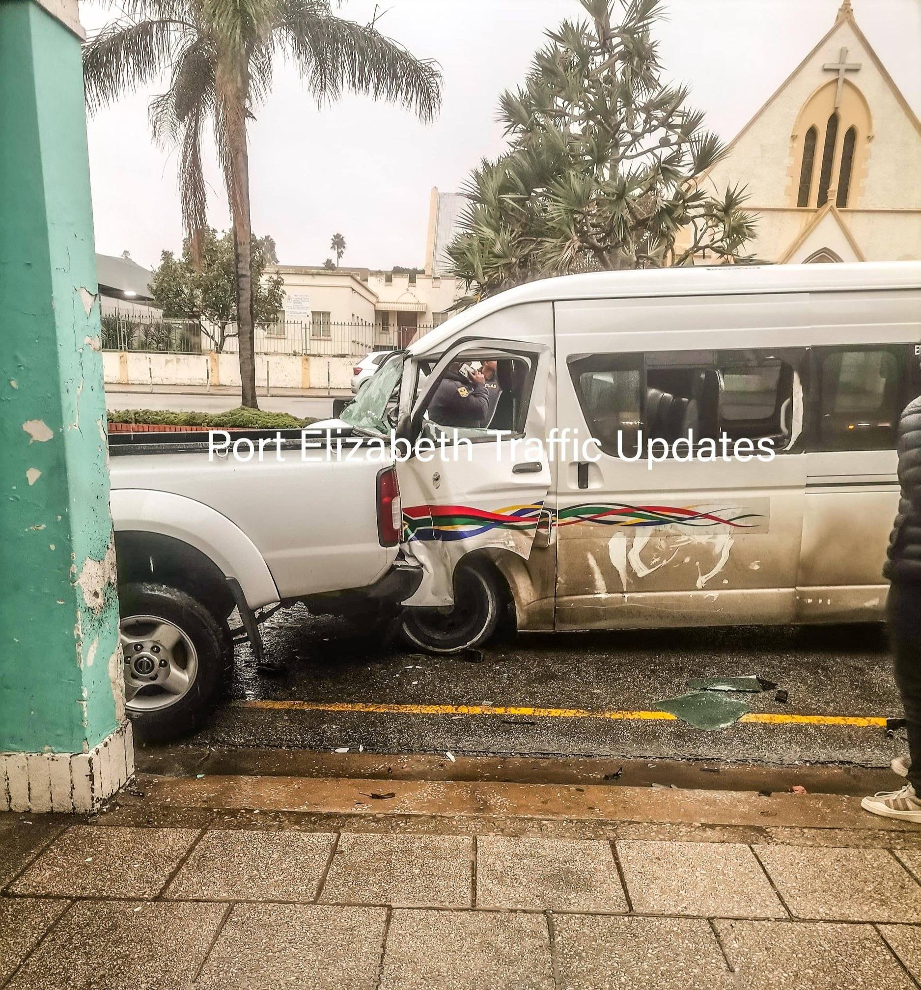 Driverless taxi collides into stationary vehicle.