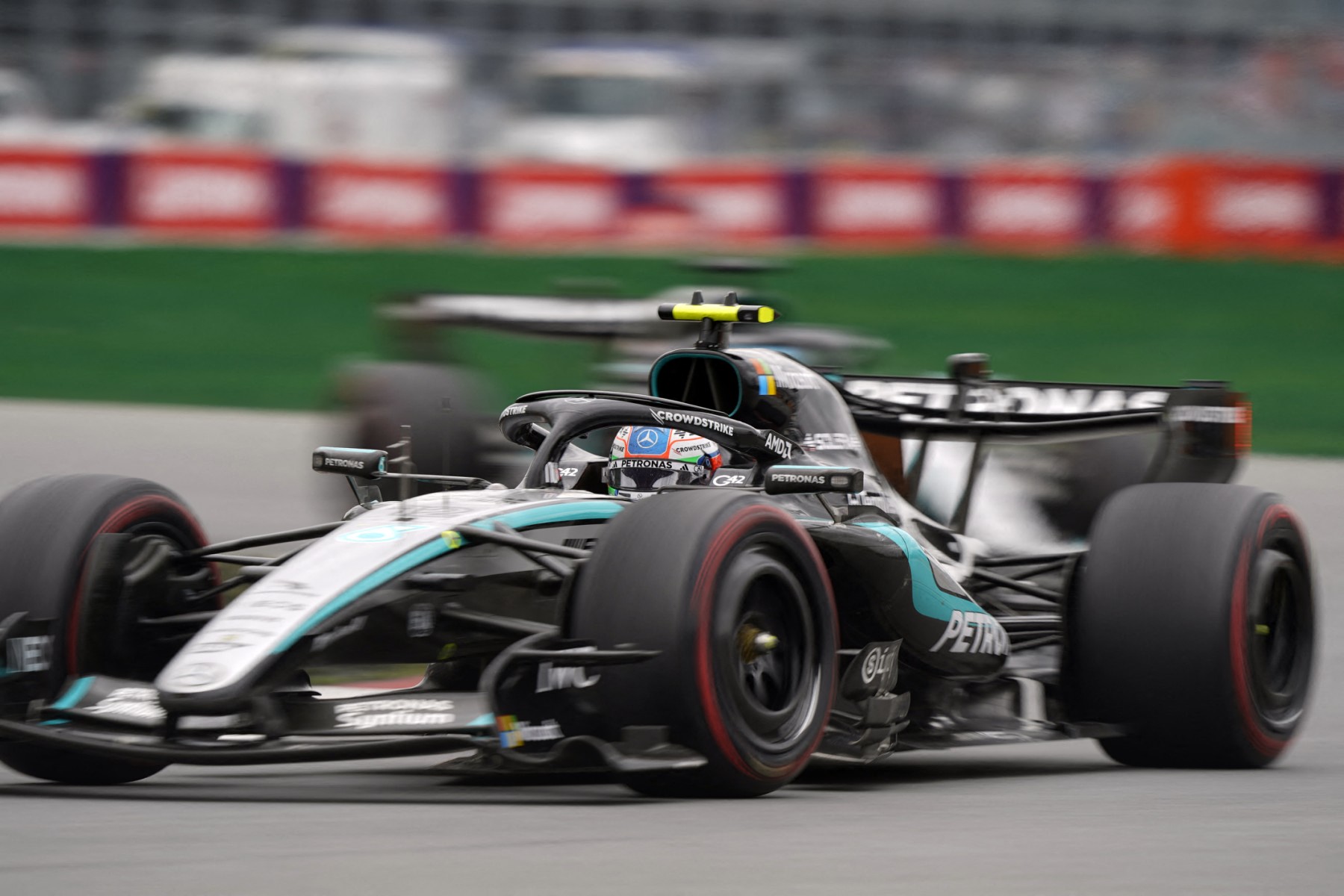 Mercedes' Italian driver Kimi Antonelli races during the 2026 Formula 1 Grand Prix du Canada at Circuit Gilles-Villeneuve