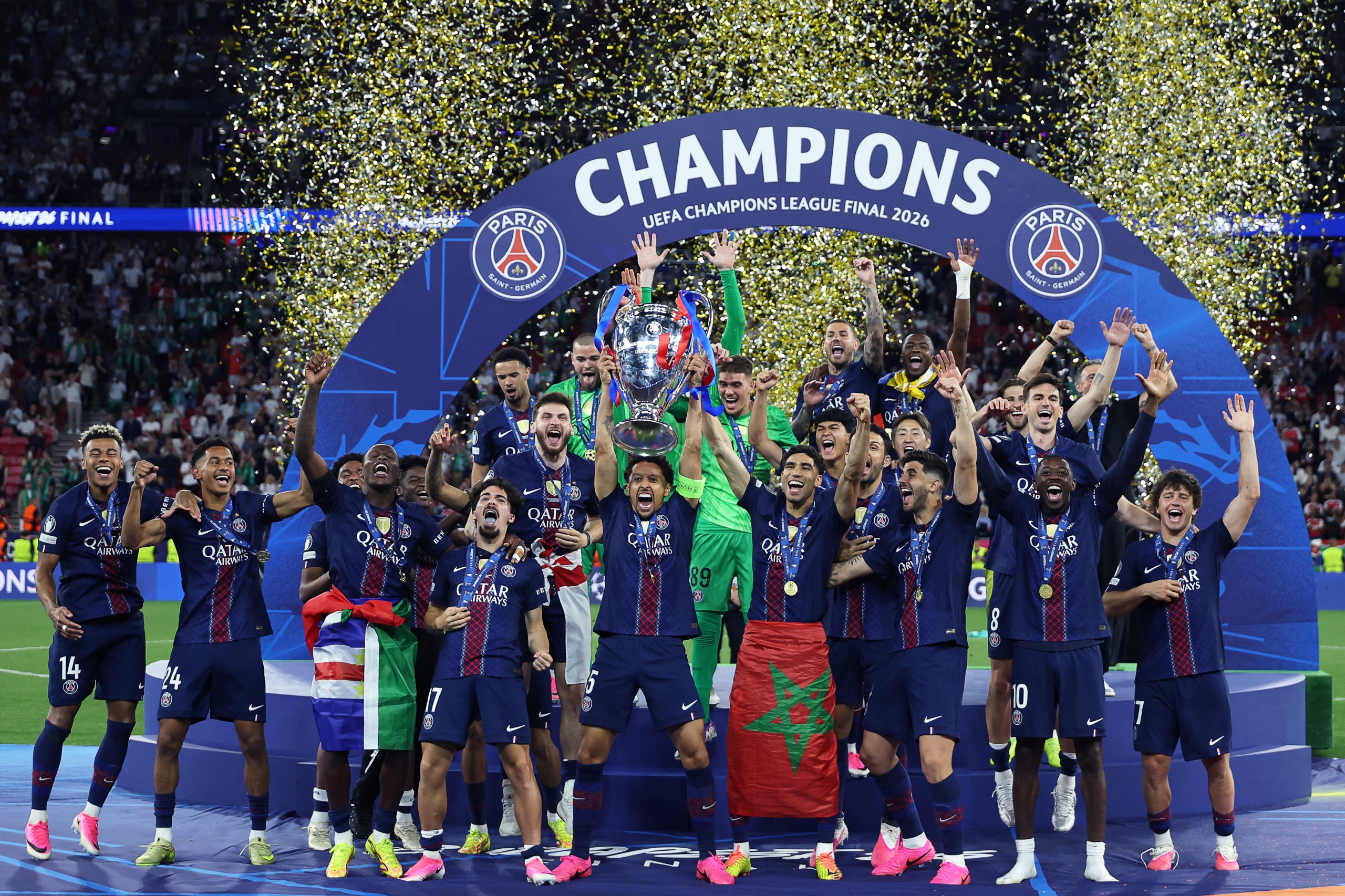 PSG celebrating their UEFA Champions League over Arsenal on 30 May.