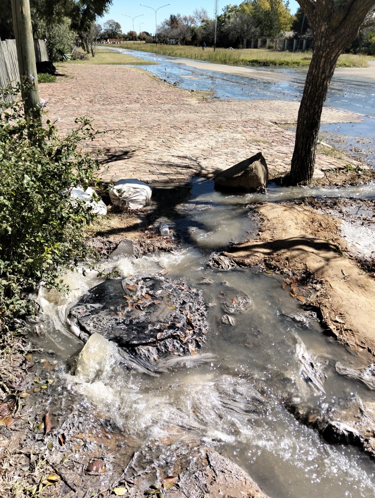 This is the first of two sewer lines pumping raw sewage straight into Unicor Road. This gushing mess is next to the  gate leading into the St Helena Primary School. PHOTOS: Marti Will