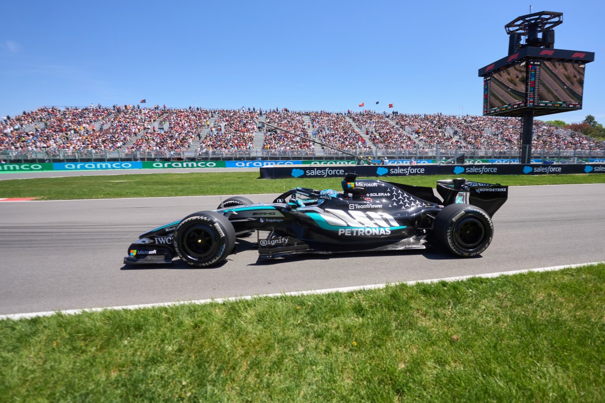 Mercedes' British driver George Russell races during a practice session for the 2026 Formula 1 Grand Prix du Canada