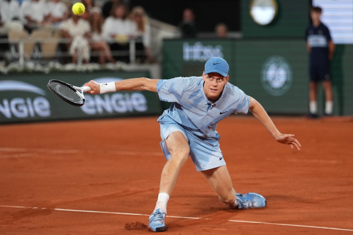 Italy's Jannik Sinner plays a backhand return to France's Clement Tabur during day 3 of the French Open.