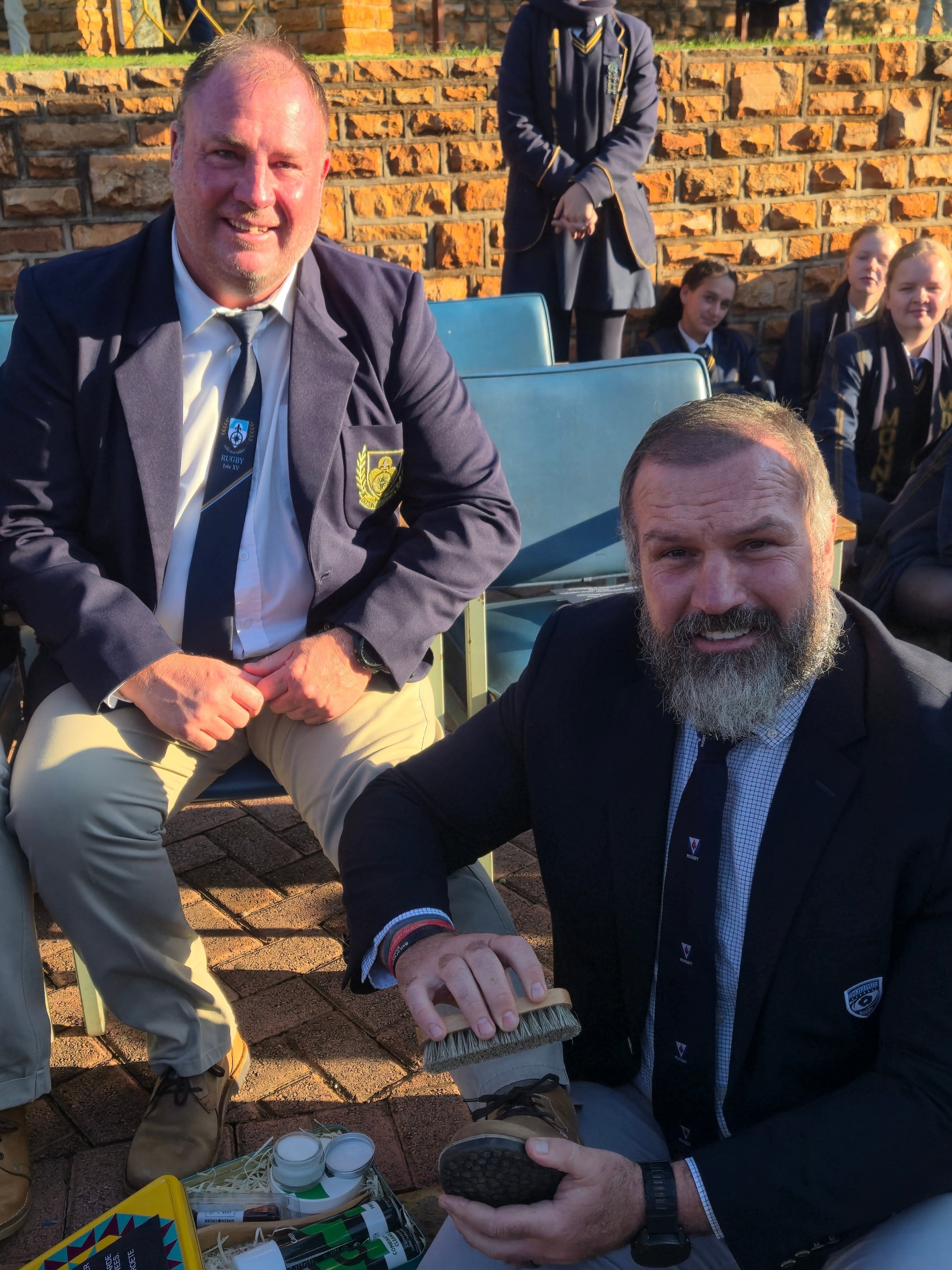 Jannie du Plessis and Botter Lourens the two mentors of Monument and Noordheuwel at the special assembly held on Monday morning.