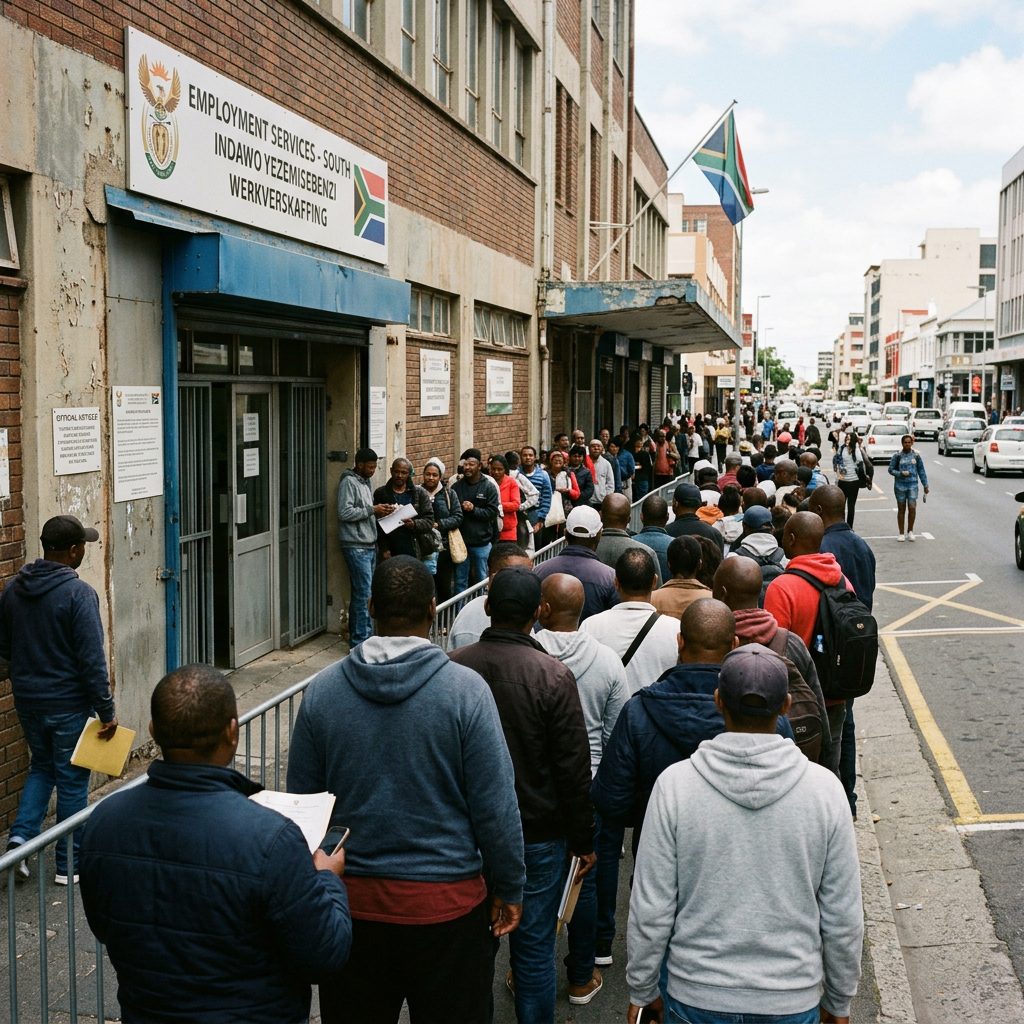 People standing in a long queue outside Employment Services South office in South Africa