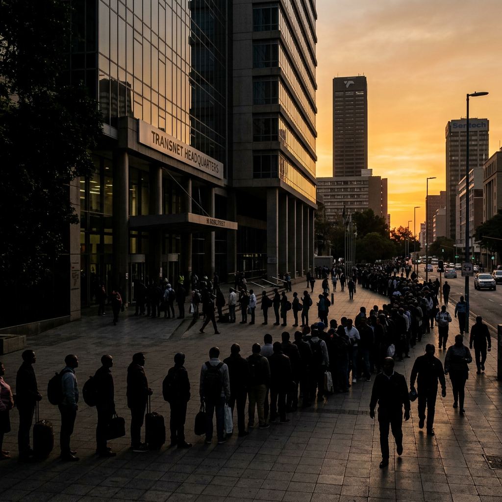 Long queue of people standing outside Transnet Headquarters at sunrise in a city with tall buildings
