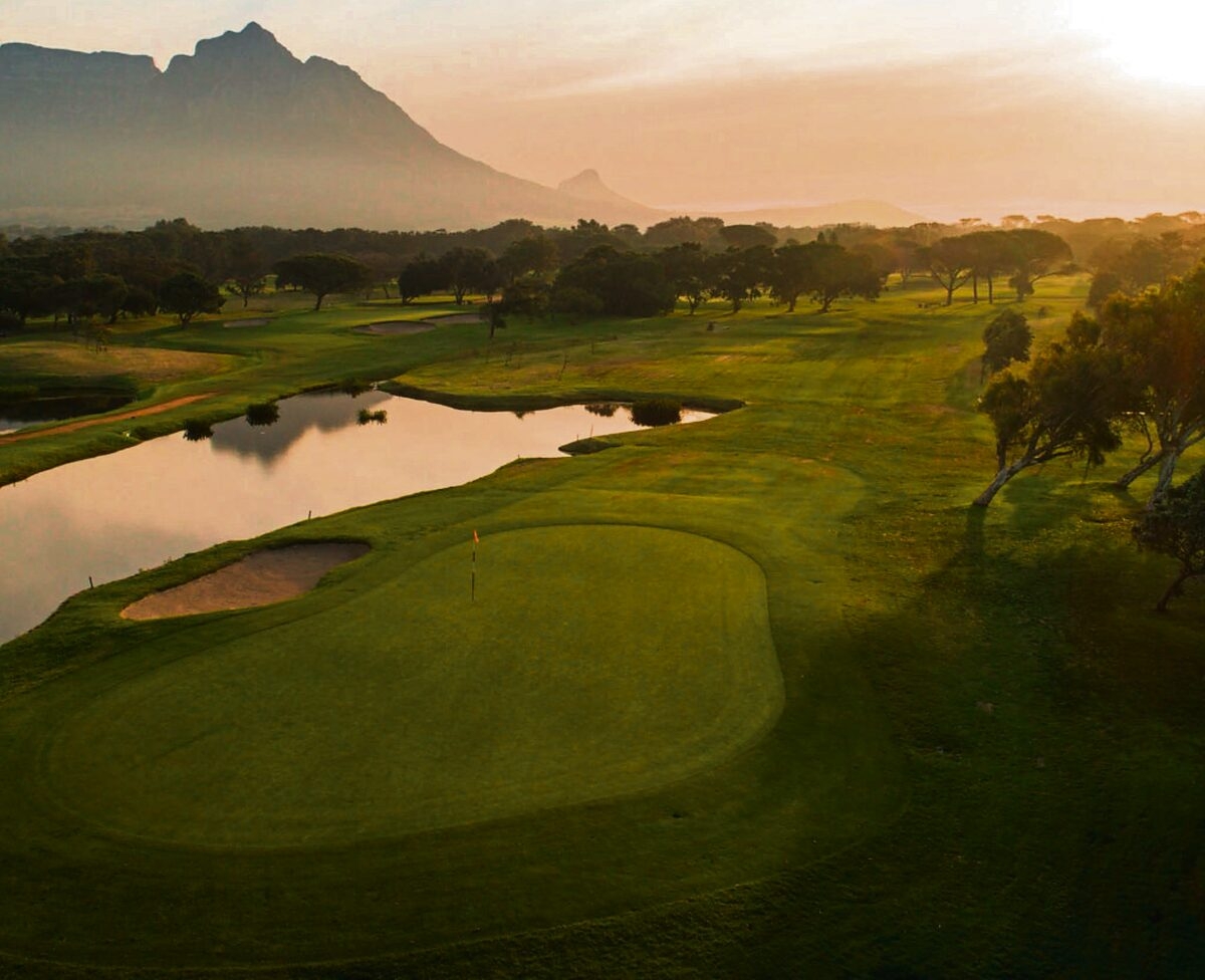 Aerial view of the King David Mowbray Golf Club course in Mowbray, Cape Town, showing open green fairways under threat from the City of Cape Town's Pinelands development plan.