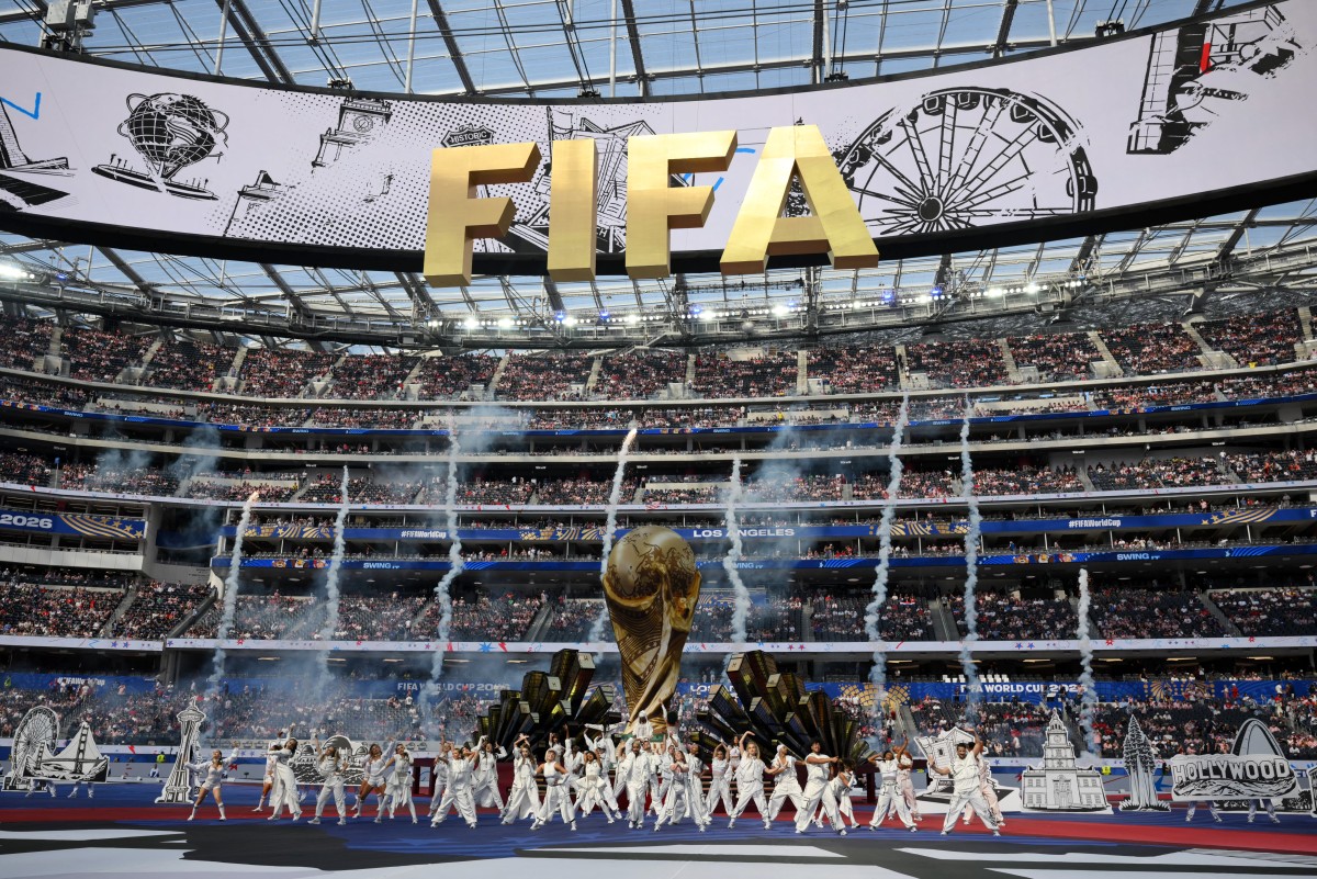 Thai rapper Lisa, Nigerian rapper Rema, and Brazilian singer-songwriter Anitta perform during the opening ceremony of the 2026 World Cup football tournament at the Los Angeles Stadium on Friday.