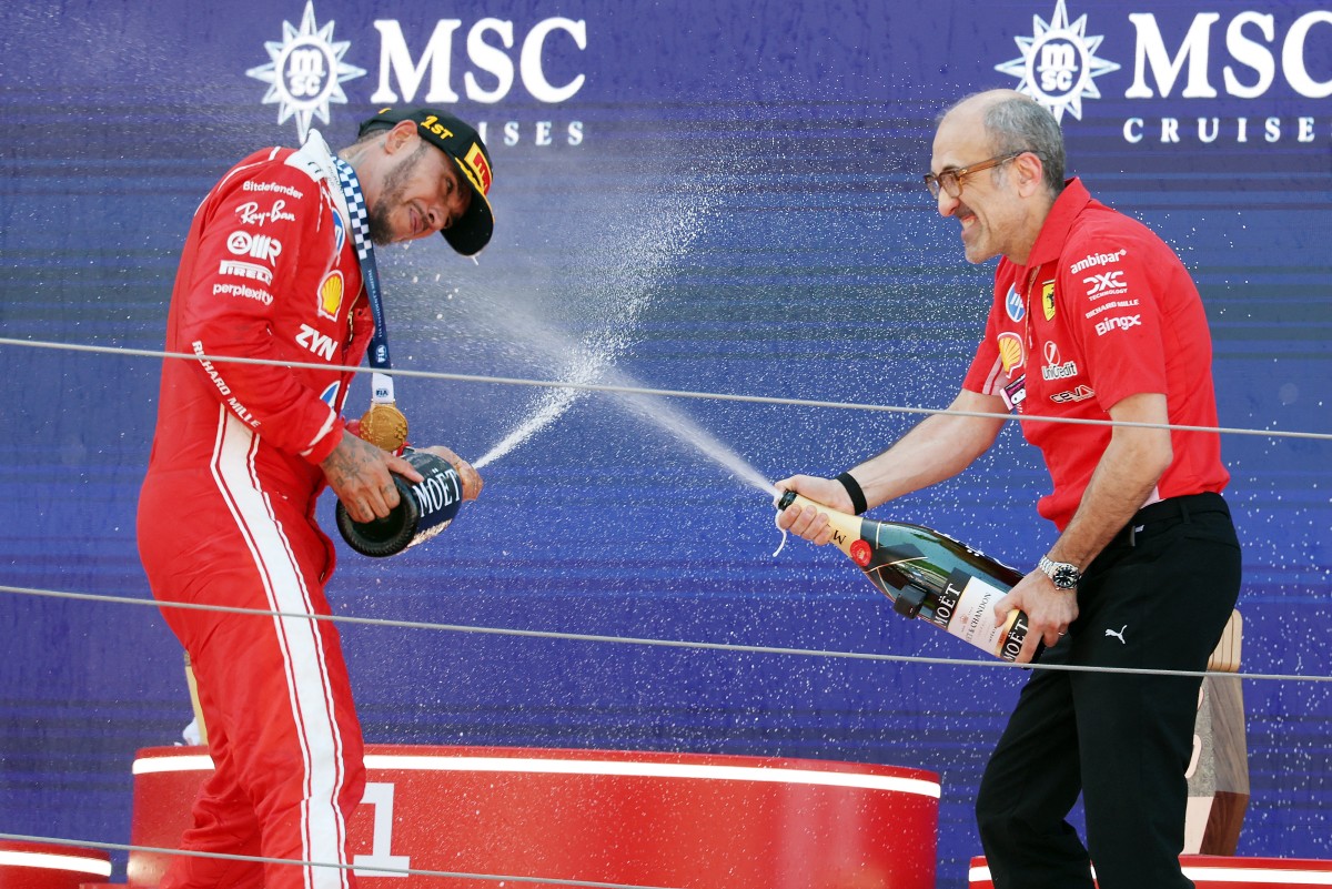 Lewis Hamilton celebrates his victory.