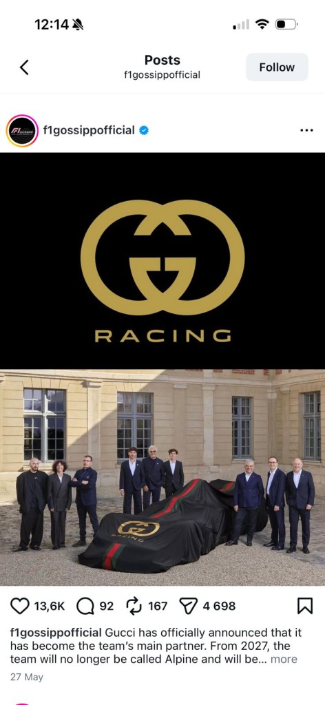 Gucci will become the first luxury clothing brand sponsor in F1 history as the partern with Alpine racing. 