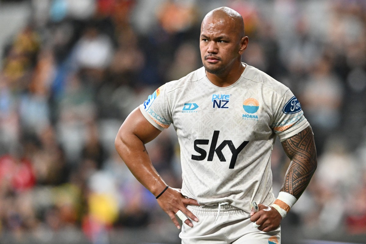 Moana Pasifika's Lalomilo Lalomilo reacts during the Super Rugby Pacific match between the Highlanders and Moana Pasifika