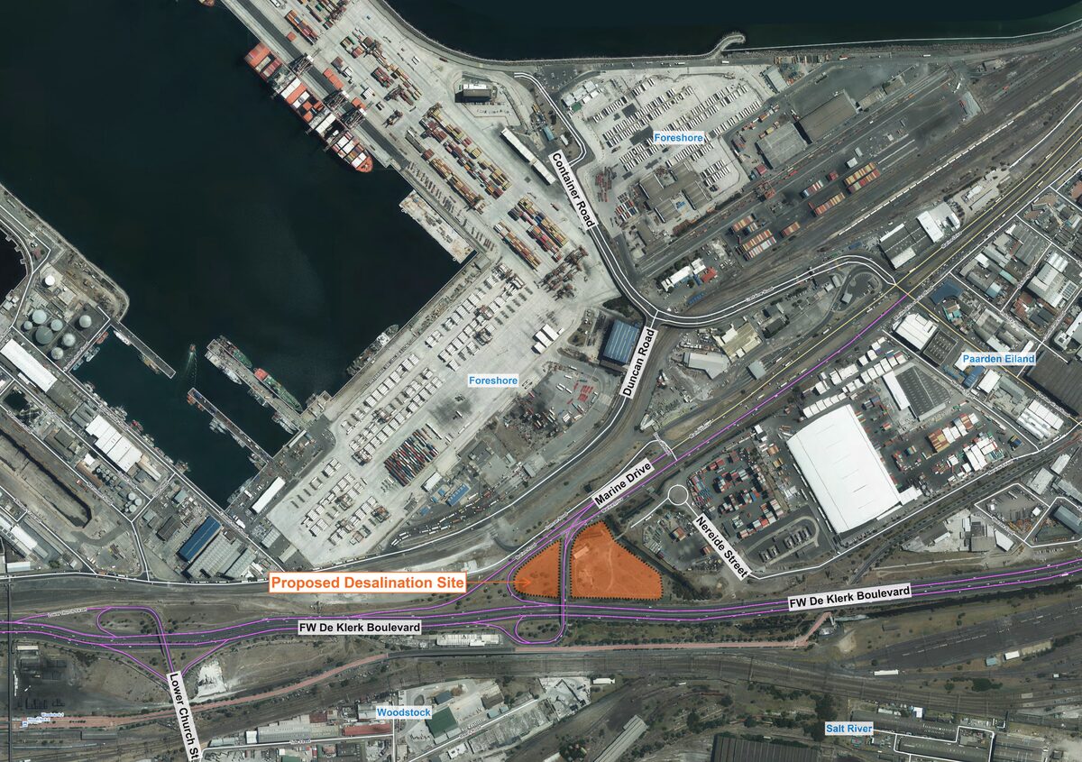 Proposed location of the Paarden Eiland desalination plant.