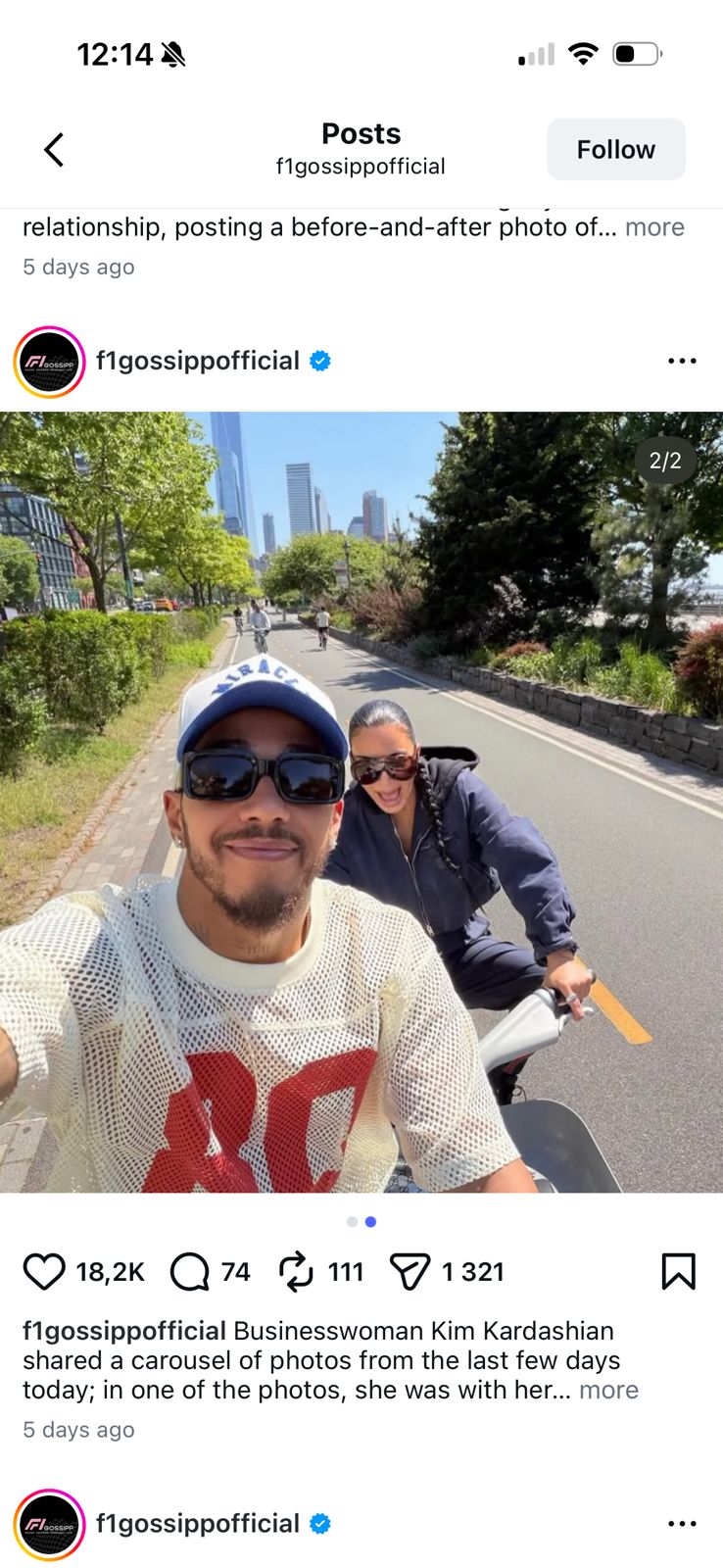 On 1st June, the reality television mogul posted an Instagram carousel captioned simply "lately" — and buried several slides in was Lewis Hamilton. On a Citi Bike. In New York City. Filming her as she nearly crashed into the back of him.