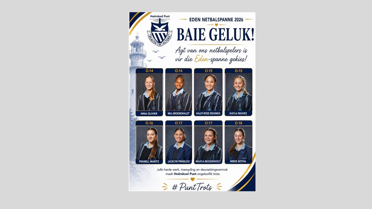 Hoërskool Punt Netbalspelers gekies vir EDEN-spanne 2026