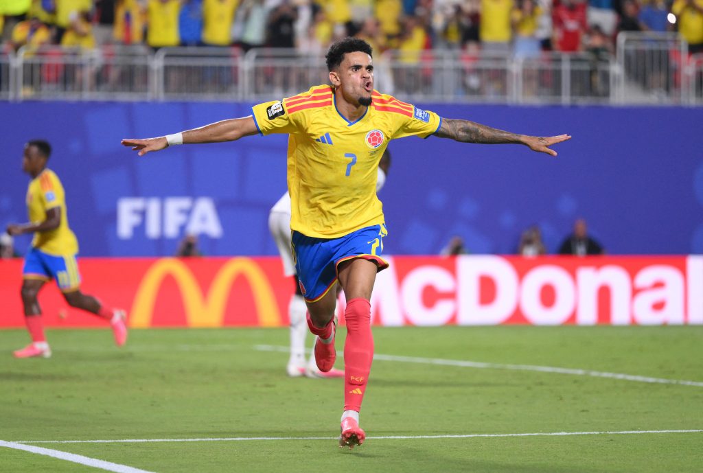 Colombia's Luis Diaz celebrates after scoring a disallowed goal against Ghana.