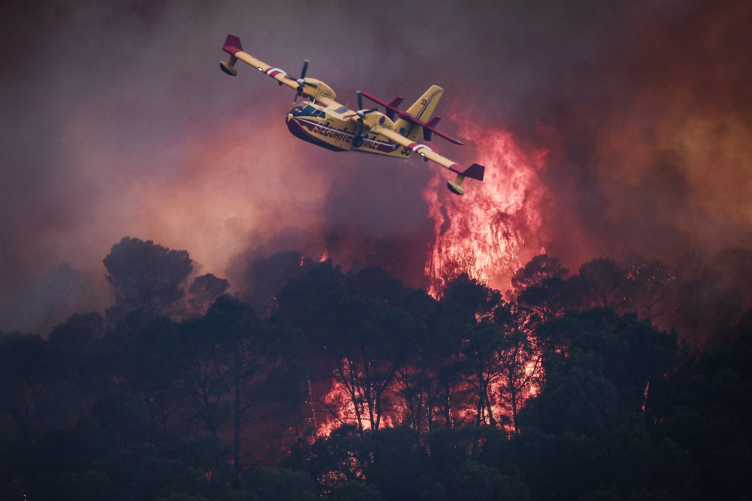 A French Civil Security Canadair CL-415 aircraft flies past flames burning a forest surrounding Cotignac, southeastern France on July 23, 2026 during a wildfire. (Photo by Thibaud MORITZ / AFP)
