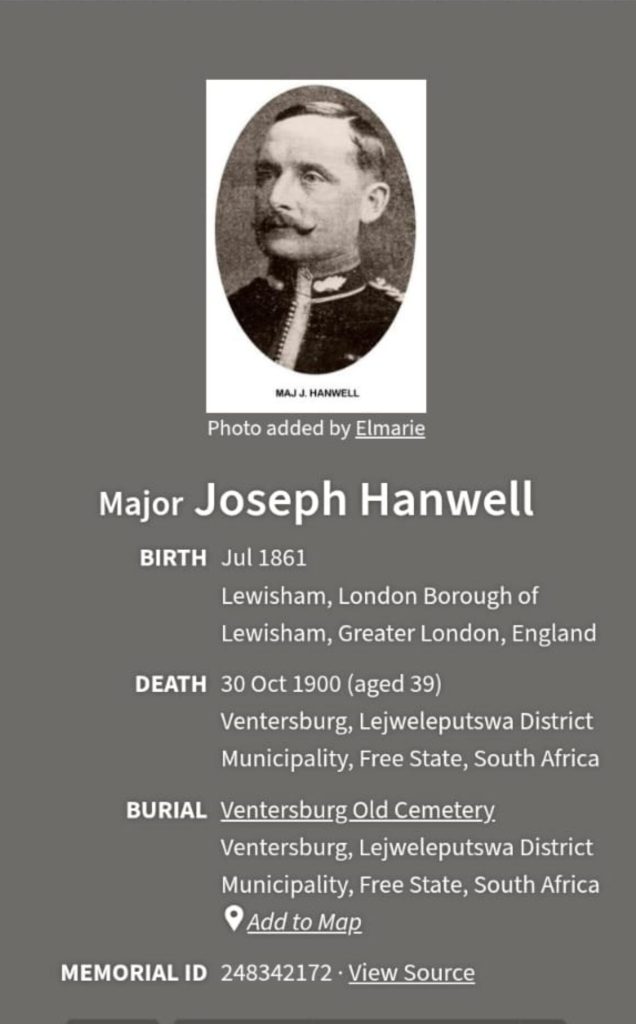 Majoor Joseph Hanwell 'n Britse soldaat is in die Voortrekker-begrafplaas begrawe.