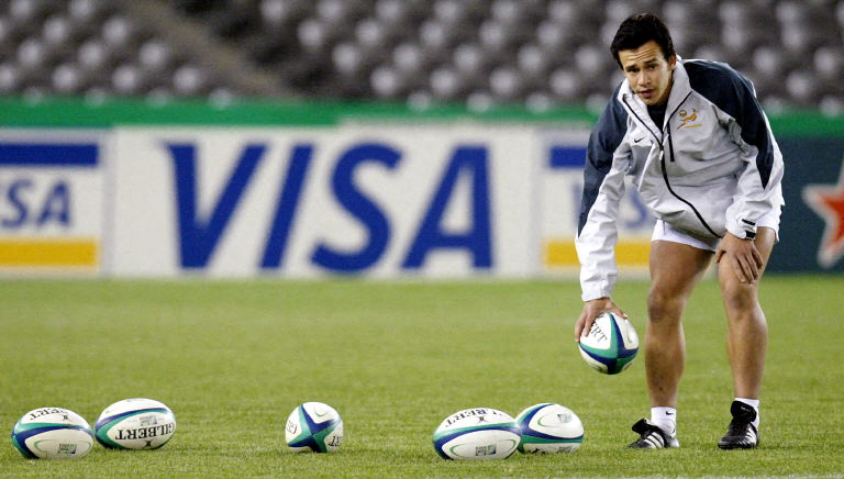 South African fly-half Derick Hougaard practices his kicking during a session at the Telstra Dome in Melbourne,