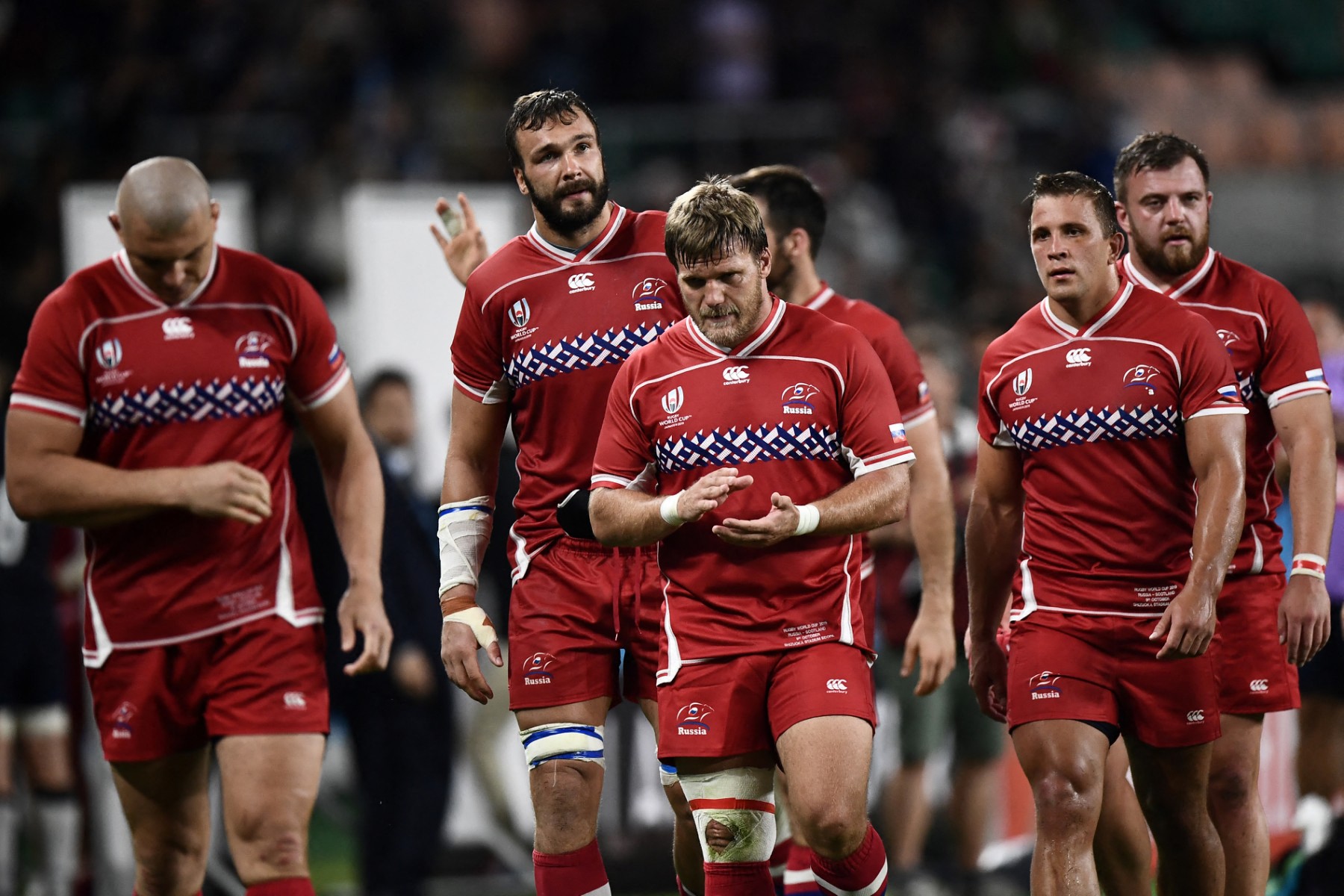 Russia's players react after losing to Scotland in 2019.