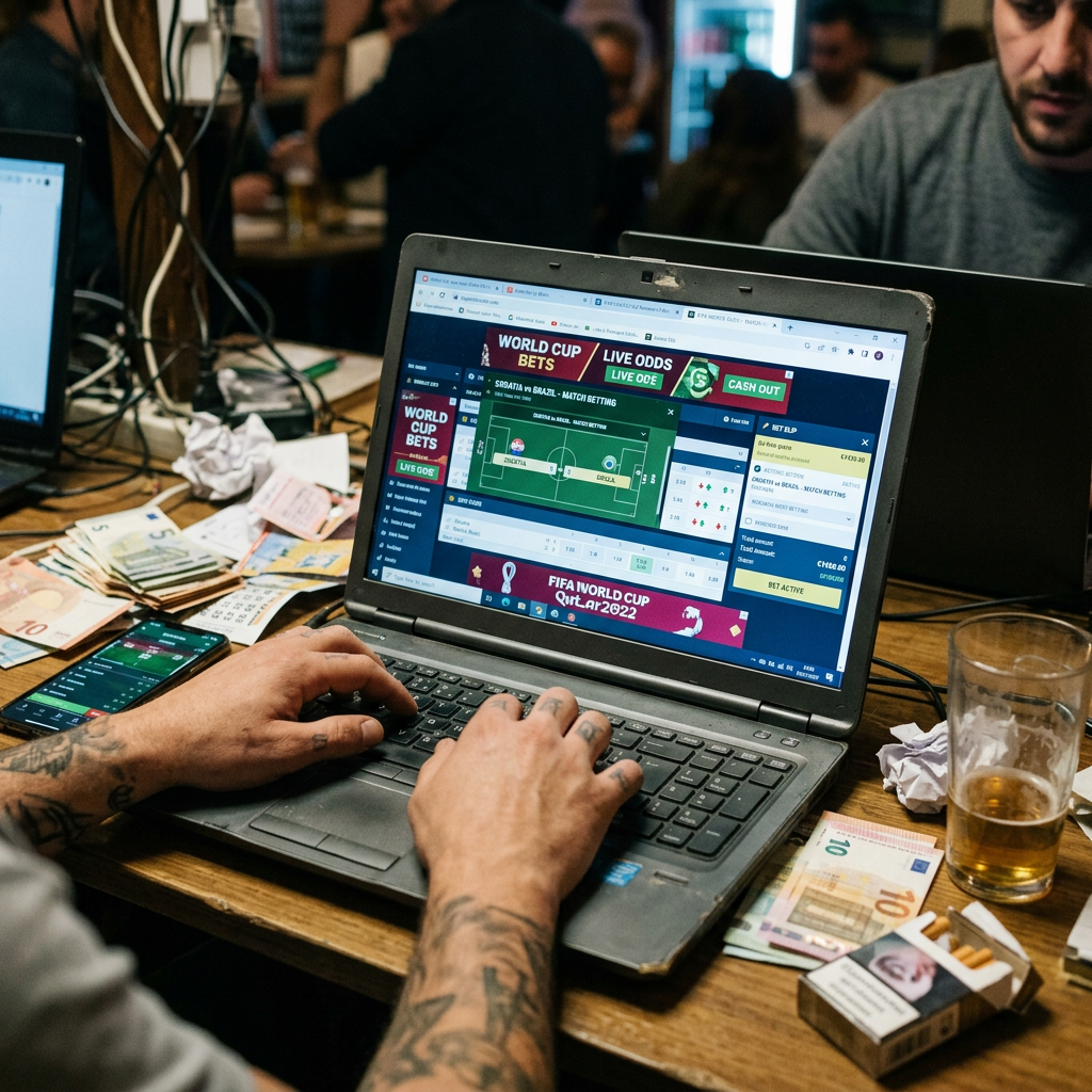 Laptop screen showing live football match betting interface for FIFA World Cup 2022