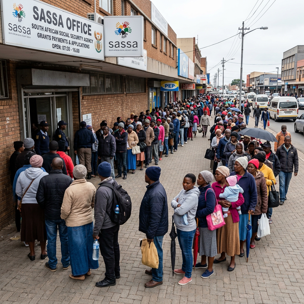 Long line of people outside SASSA office waiting for social security grants