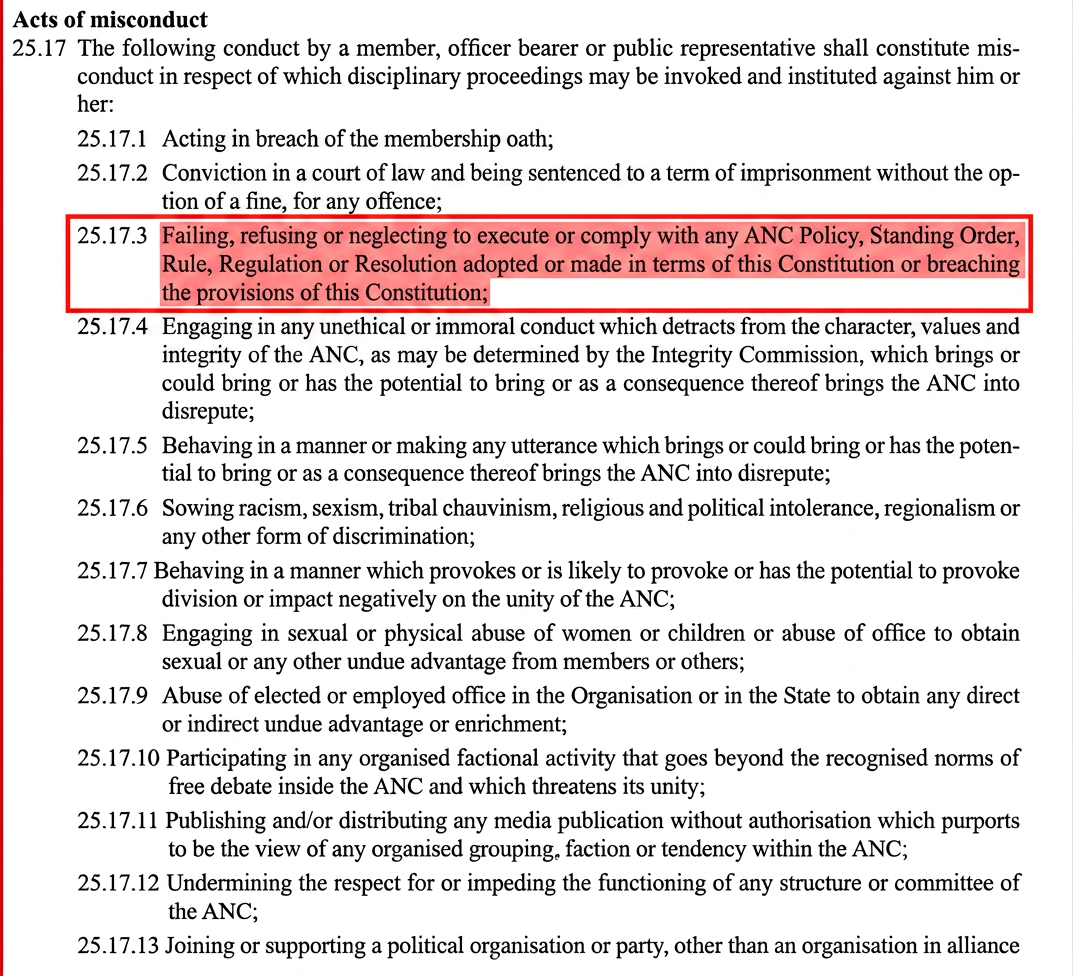 The ANC contends that her conduct constitutes a breach of the party's constitution