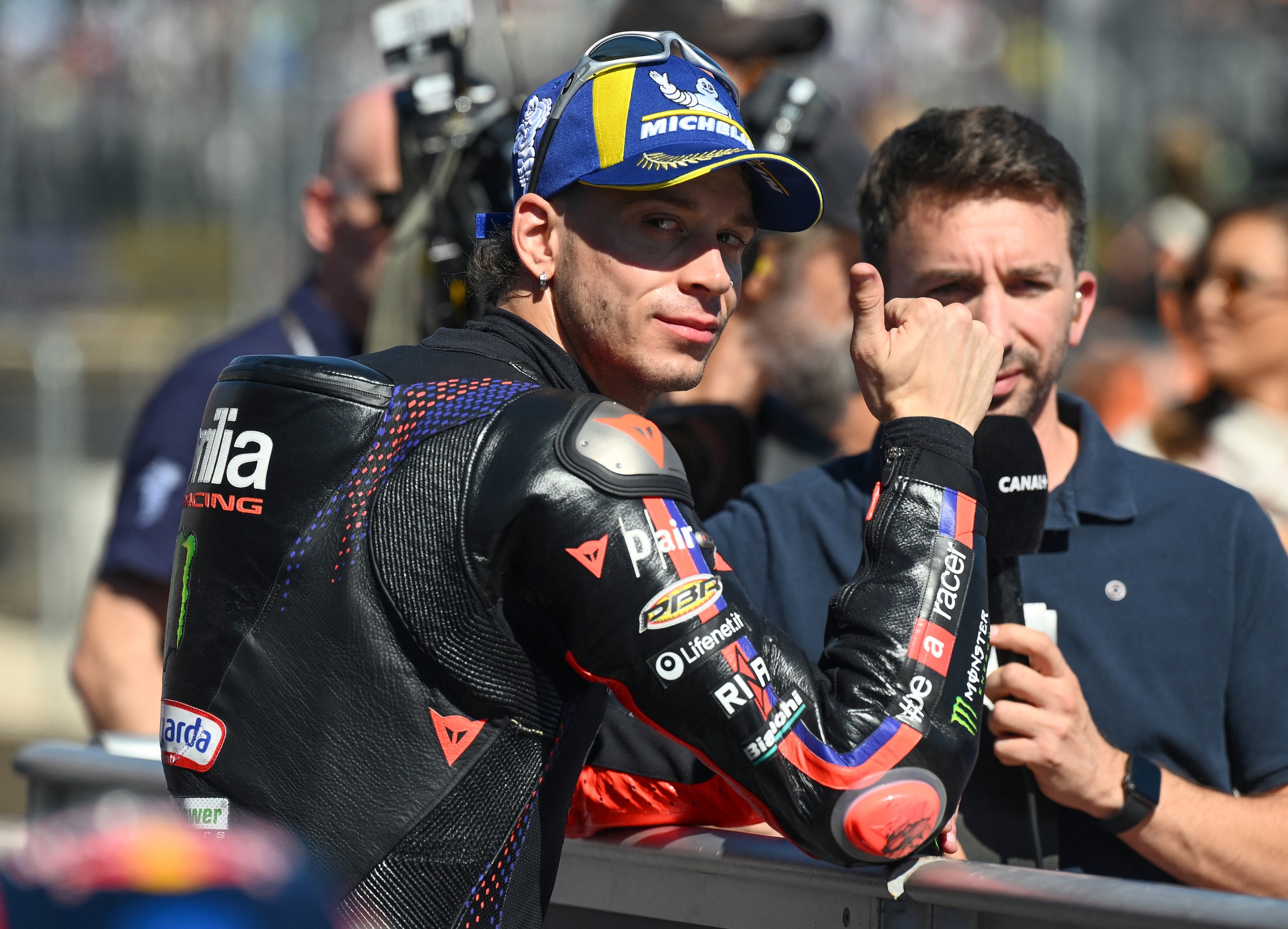 Marco Bezzecchi of Aprilia Racing reacts to winning the qualifying session of the MotoGP Aragon Grand Prix at the Motorland circuit in Alcaniz, Spain, on Saturday 29 August 2026. Photo: Jose Jordan/AFP