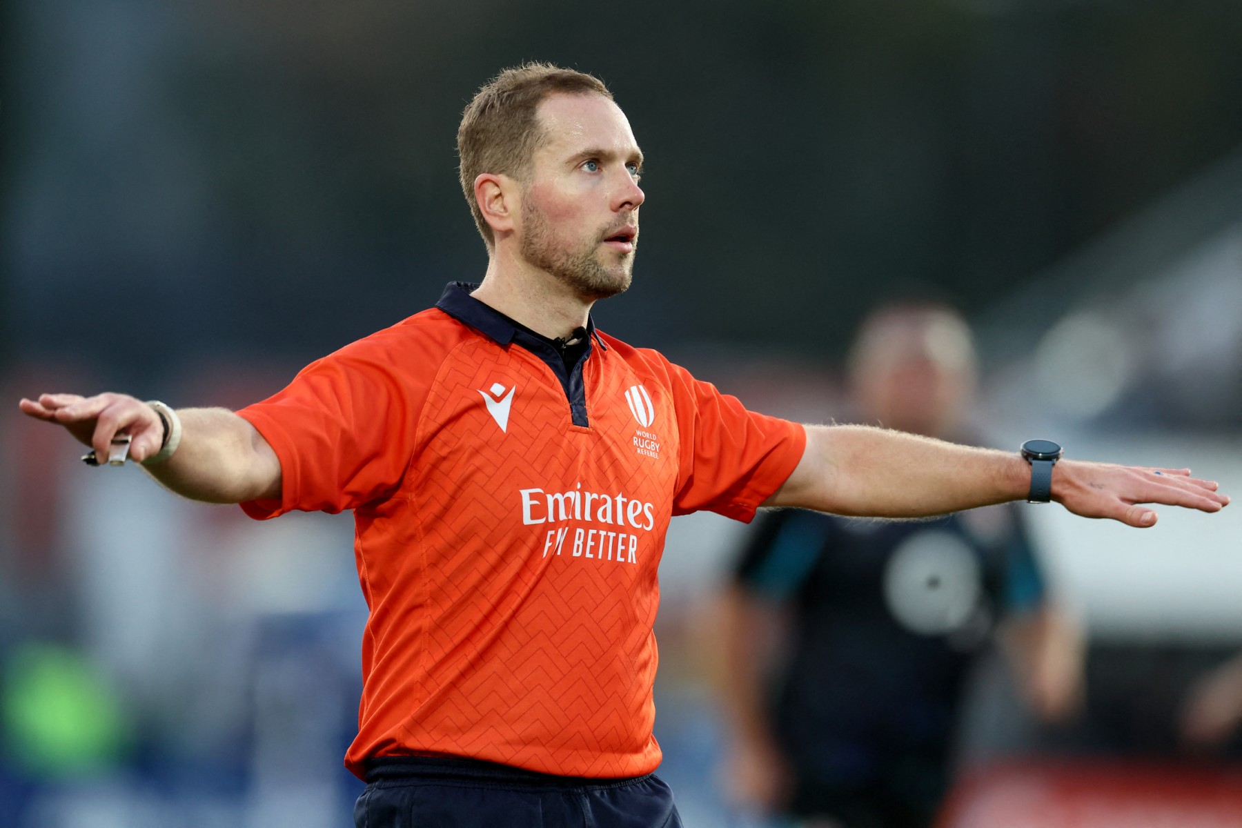 Australia's referee Angus Gardner gestures during the international rugby test match between Argentina and England