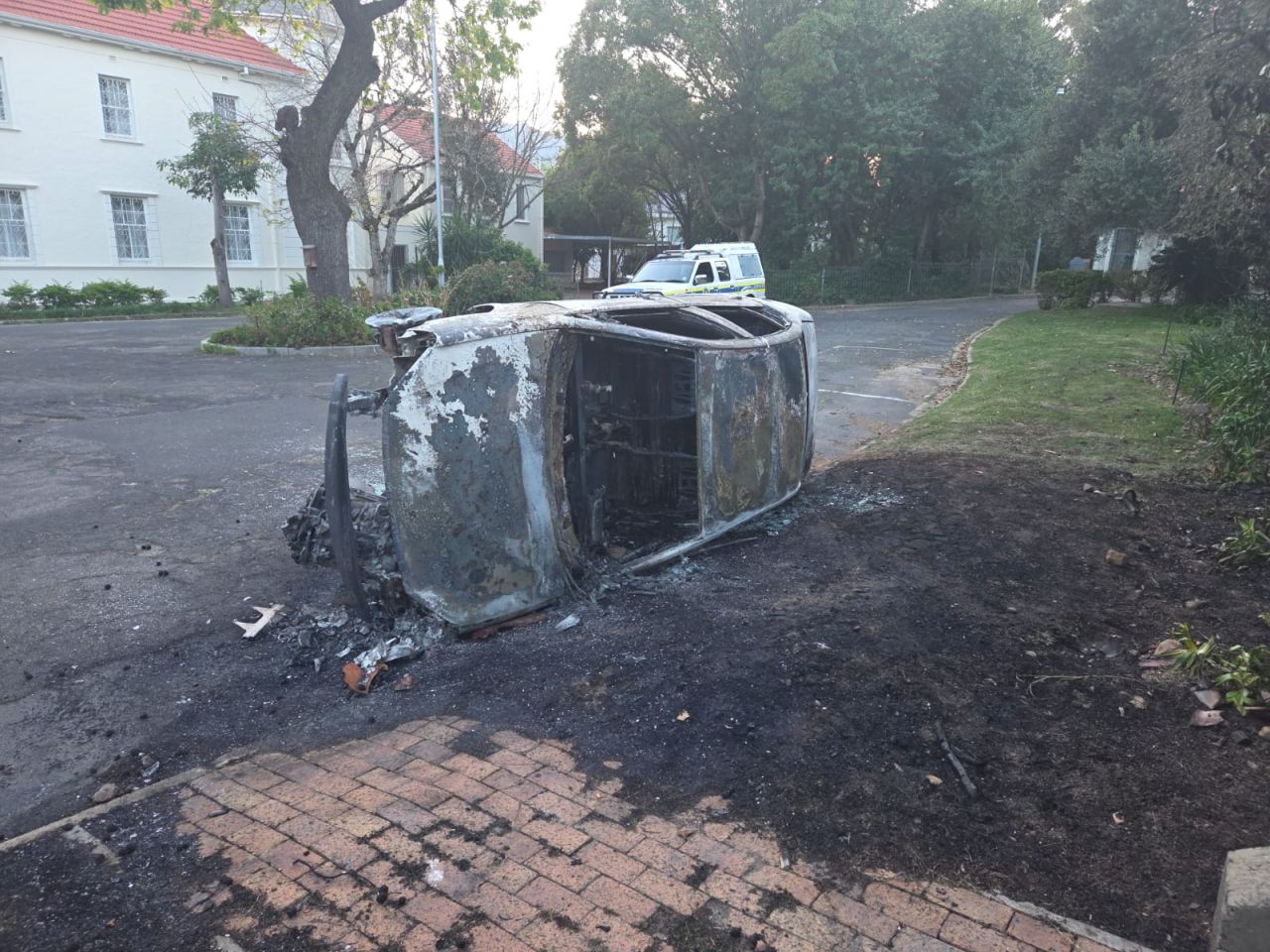 The burnt vehicle of campus security at the campus of CPUT Wellington. Photo: Supplied