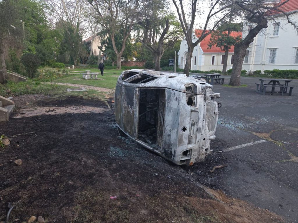 The campus security vehicle that was completely destroyed by a fire. Photo: Supplied