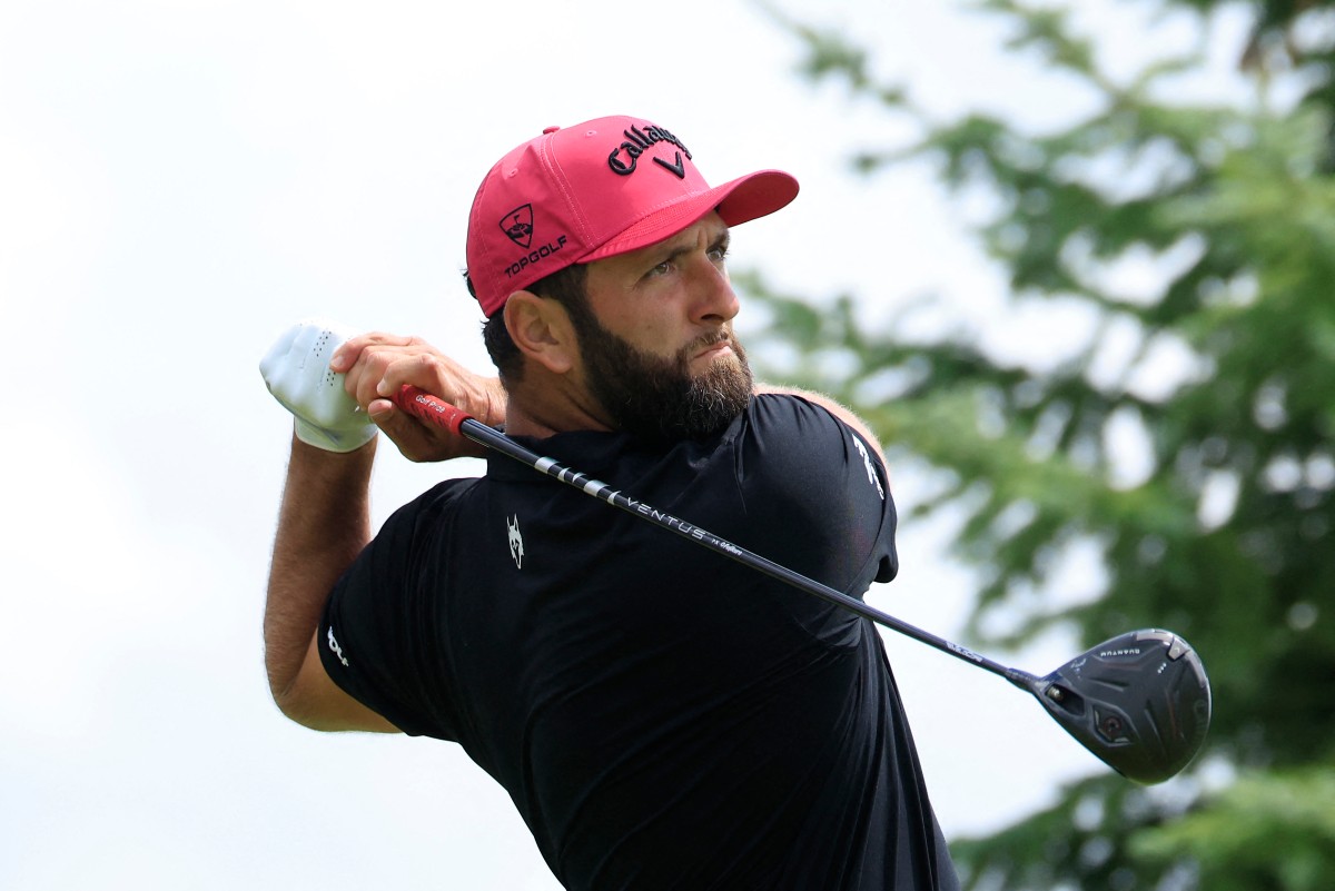 Jon Rahm of Legion XIII plays his shot from the second tee during day four of LIV Golf Indianapolis.