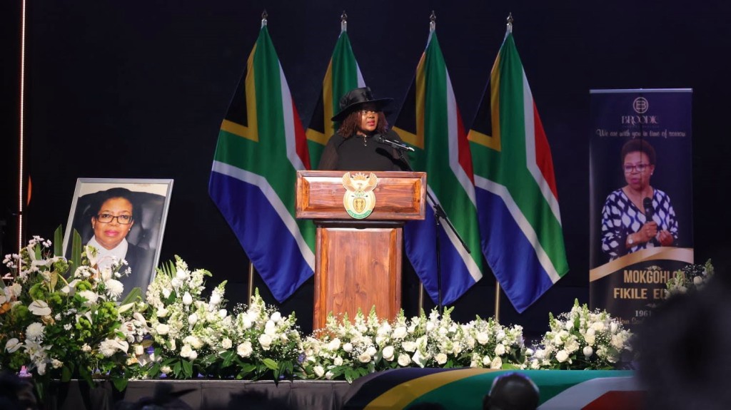 Minister Mmamoloko Kubayi delivers the eulogy at the Special Official State Funeral for Justice Fikile Eunice Mokgohloa