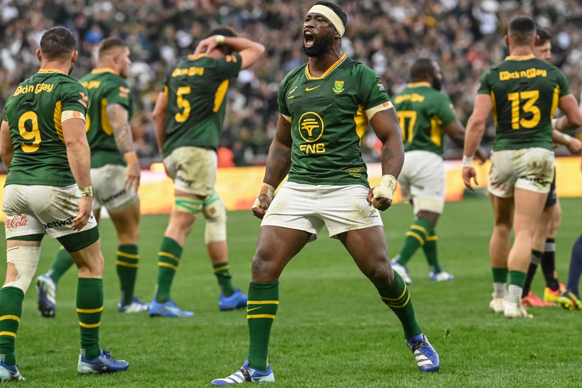 South Africa's flanker Siya Kolisi celebrates after scoring a try during the second Rugby's Greatest Rivalry international rugby union match between South Africa and New Zealand